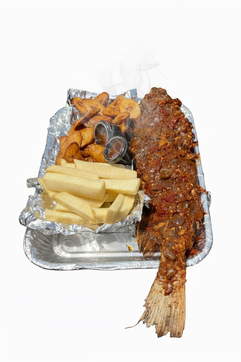 Big Croaker Fish With Yam Plaintain & Sauce